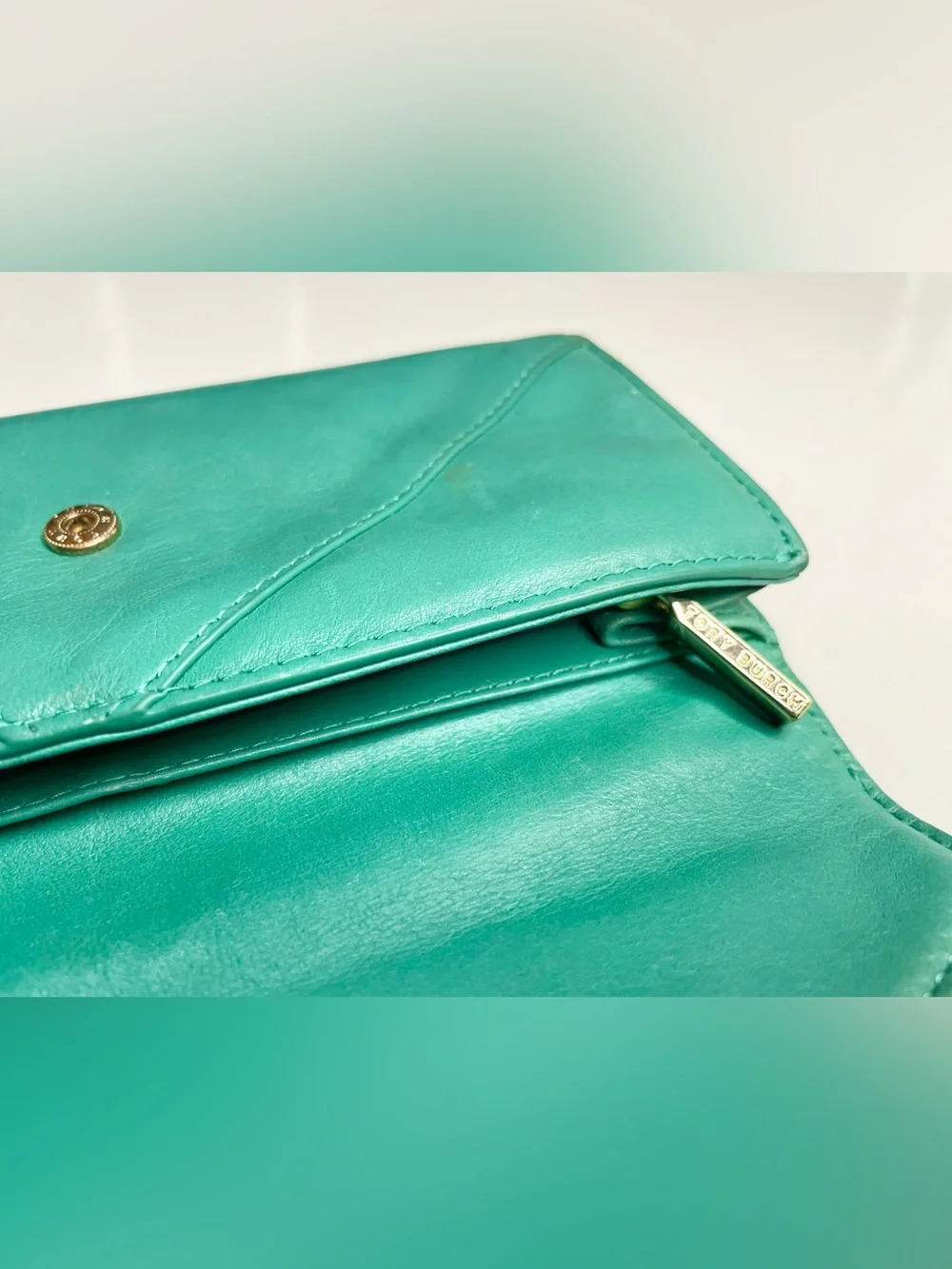 Tory Burch Green Leather Continental Envelope Wallet with Blue Enamel Bow